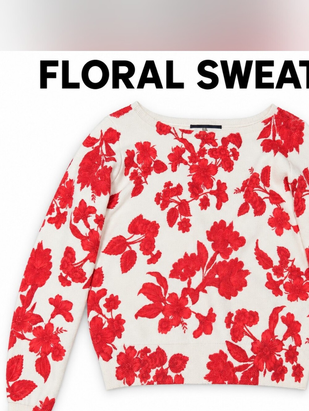 Women's Cream Crewneck Sweater with Red Floral Appliqué